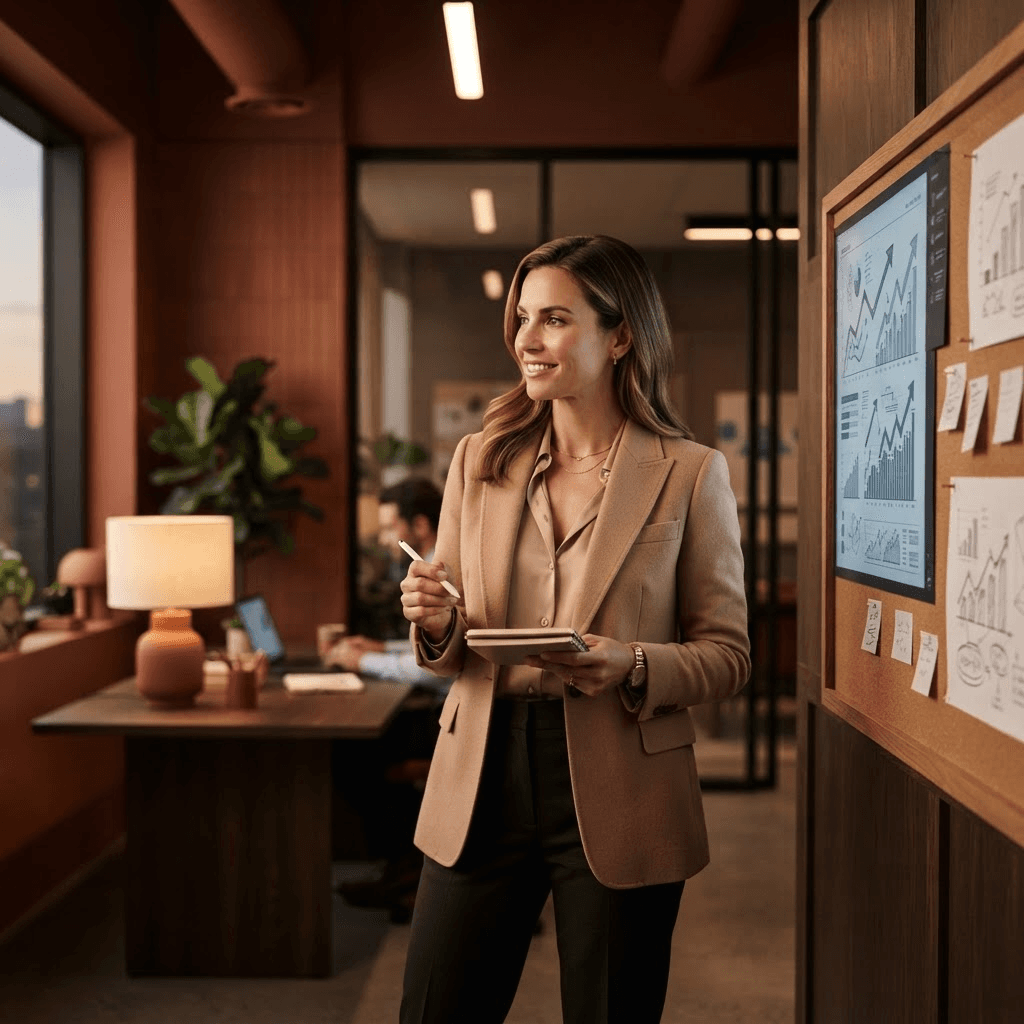 Consultant reviewing strategy and growth systems in a modern office